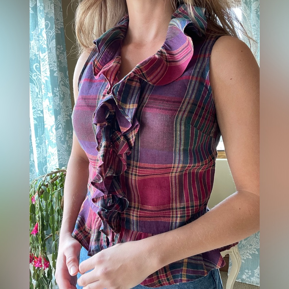 Ralph Lauren linen plaid ruffle sleeveless button down top